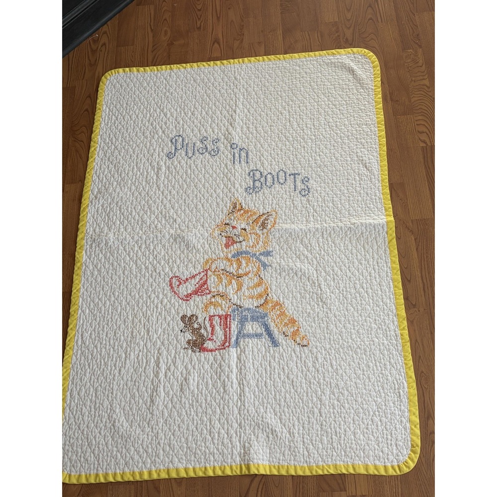 Handmade Baby Quilt Puss In Boots Cat White Yellow Border Boys Crib Nursery